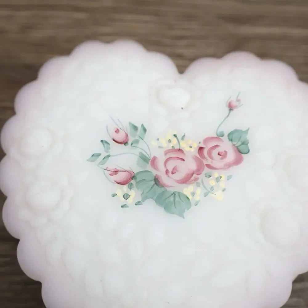 Vintage Fenton Heart Shaped Hand Painted Rose Garden Frosted Jewelry Trinket Box